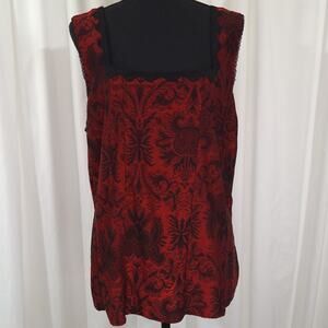Coldwater Creek Red Black Damask Tank Top 1X Lace Trim Sleeveless Whimsigoth